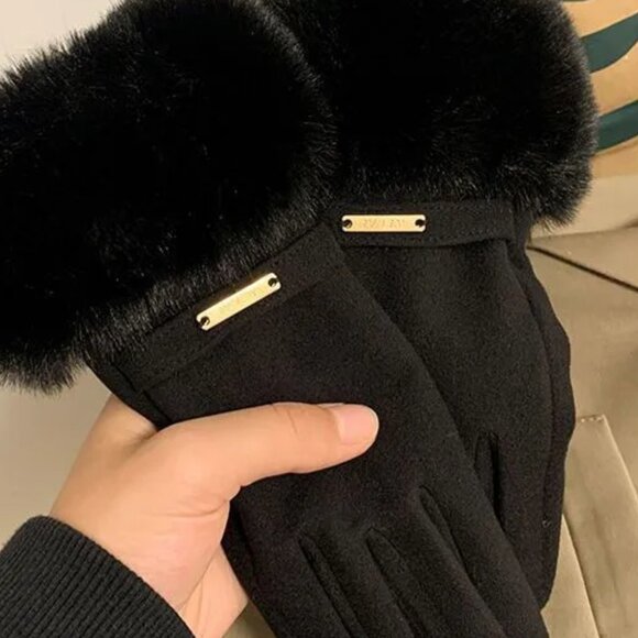 2/$30 Ladies Black Velvet Gloves with Plush Faux Fur Trim Cuffs Autumn Winter - Picture 5 of 5